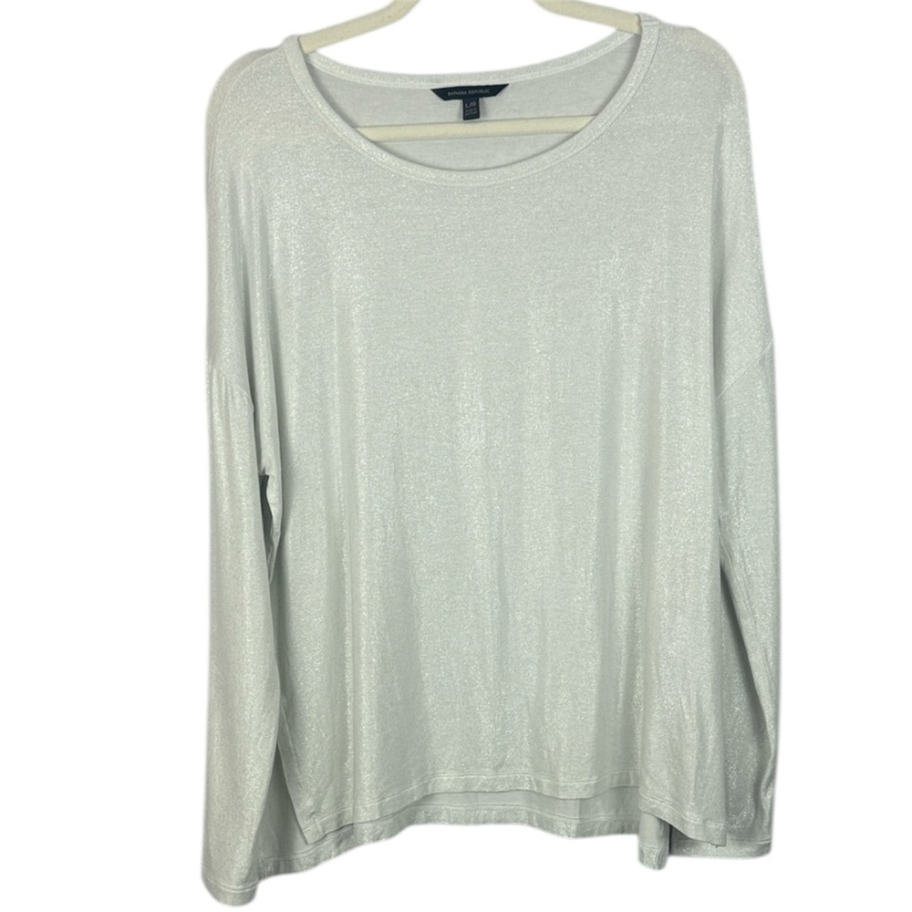 Banana Republic Classic Chic White Shimmer Modal Blend Long Sleeve Large Top